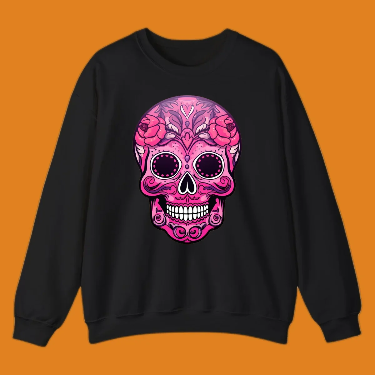 A vibrant pink floral calavera skull with decorative swirls, a heart motif, and peony flowers, outlined in black and white.