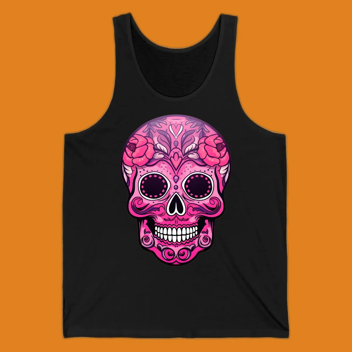A vibrant pink floral calavera skull with decorative swirls, a heart motif, and peony flowers, outlined in black and white.