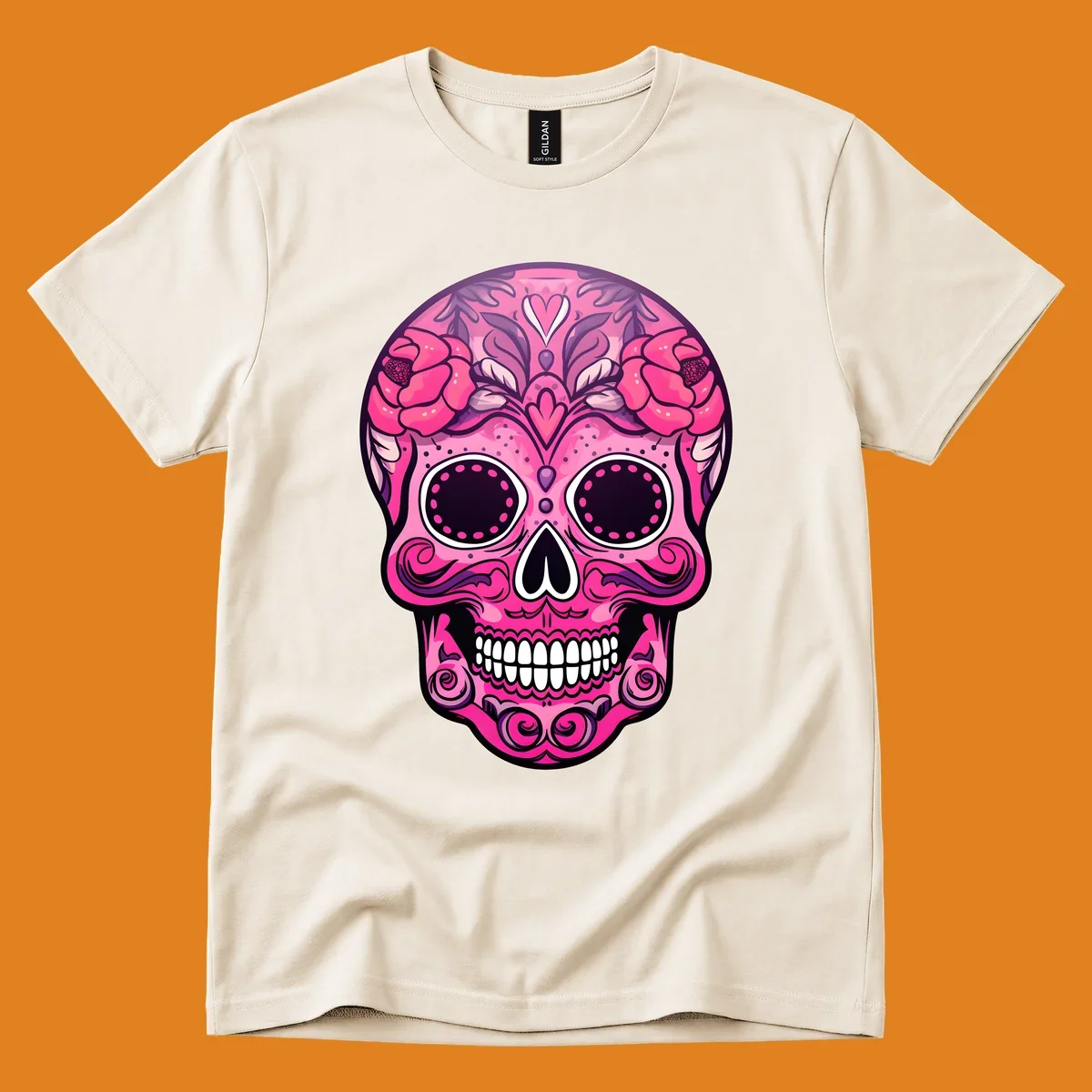A vibrant pink floral calavera skull with decorative swirls, a heart motif, and peony flowers, outlined in black and white.