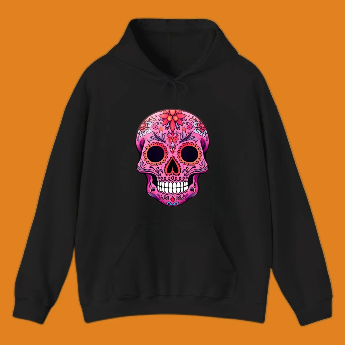 A vibrant pink calavera sugar skull design, adorned with intricate floral patterns, swirls, and stars. Features dark eye sockets, heart nose, and white teeth.