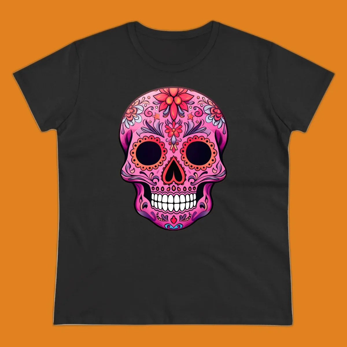 A vibrant pink calavera sugar skull design, adorned with intricate floral patterns, swirls, and stars. Features dark eye sockets, heart nose, and white teeth.