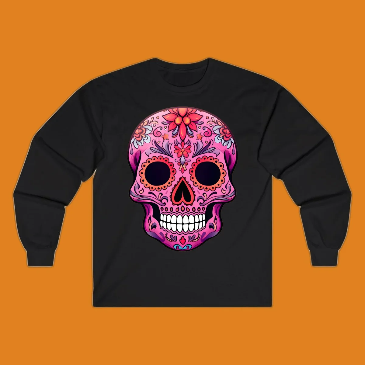 A vibrant pink calavera sugar skull design, adorned with intricate floral patterns, swirls, and stars. Features dark eye sockets, heart nose, and white teeth.