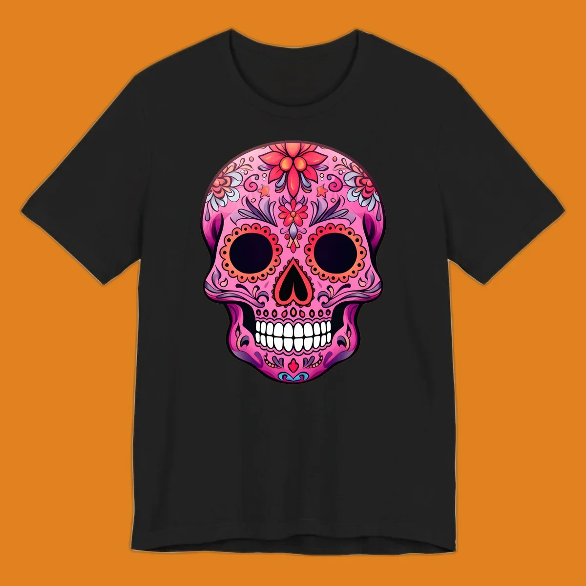 A vibrant pink calavera sugar skull design, adorned with intricate floral patterns, swirls, and stars. Features dark eye sockets, heart nose, and white teeth.
