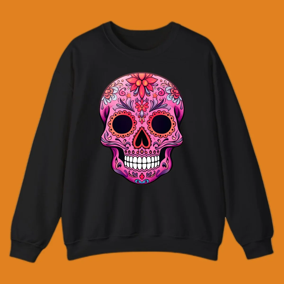 A vibrant pink calavera sugar skull design, adorned with intricate floral patterns, swirls, and stars. Features dark eye sockets, heart nose, and white teeth.