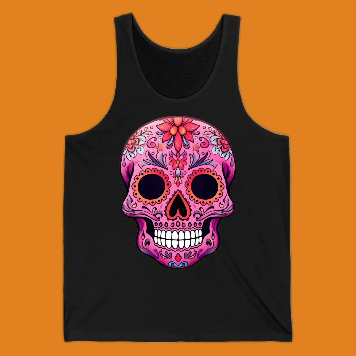 A vibrant pink calavera sugar skull design, adorned with intricate floral patterns, swirls, and stars. Features dark eye sockets, heart nose, and white teeth.