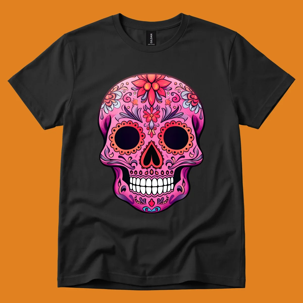 A vibrant pink calavera sugar skull design, adorned with intricate floral patterns, swirls, and stars. Features dark eye sockets, heart nose, and white teeth.