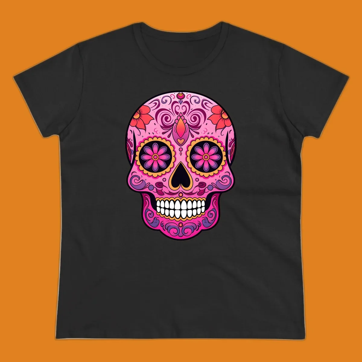 A vibrant pink and purple sugar skull, decorated with intricate floral patterns, swirls, and bright yellow and orange accents, featuring white teeth.