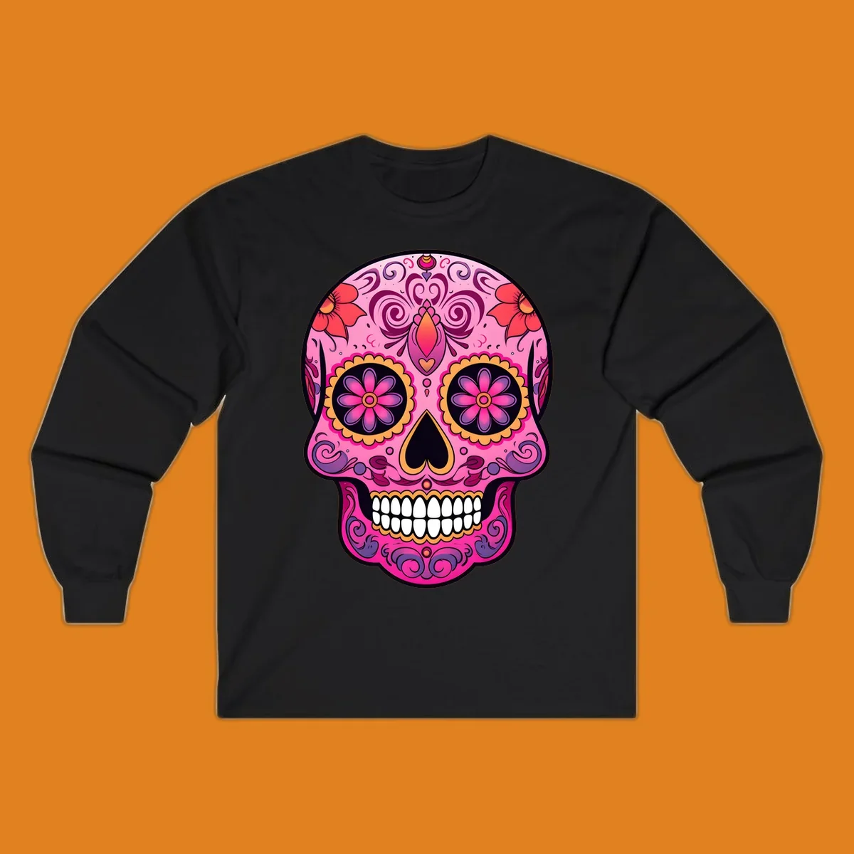 A vibrant pink and purple sugar skull, decorated with intricate floral patterns, swirls, and bright yellow and orange accents, featuring white teeth.