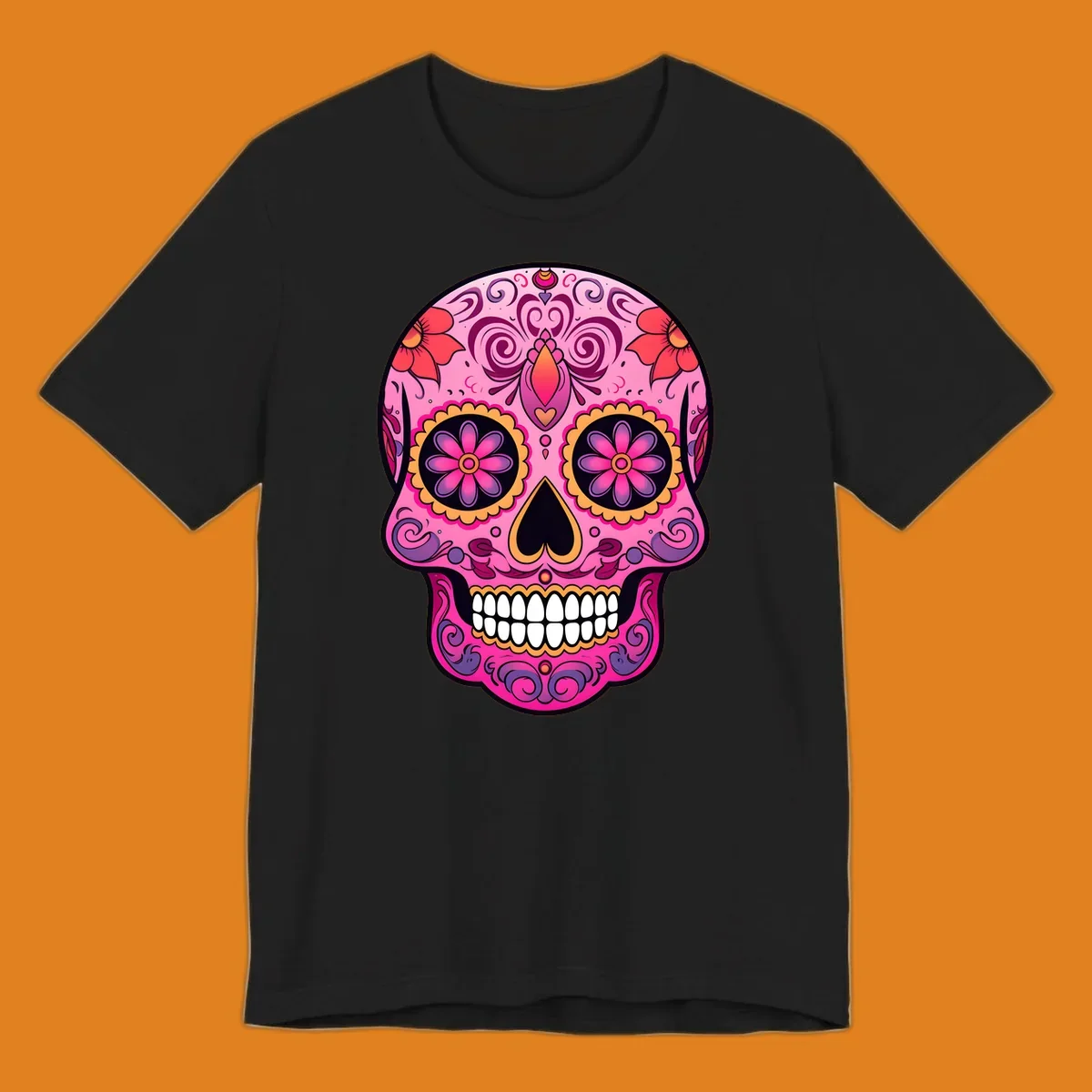 A vibrant pink and purple sugar skull, decorated with intricate floral patterns, swirls, and bright yellow and orange accents, featuring white teeth.