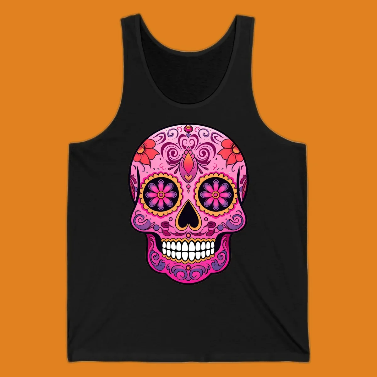 A vibrant pink and purple sugar skull, decorated with intricate floral patterns, swirls, and bright yellow and orange accents, featuring white teeth.