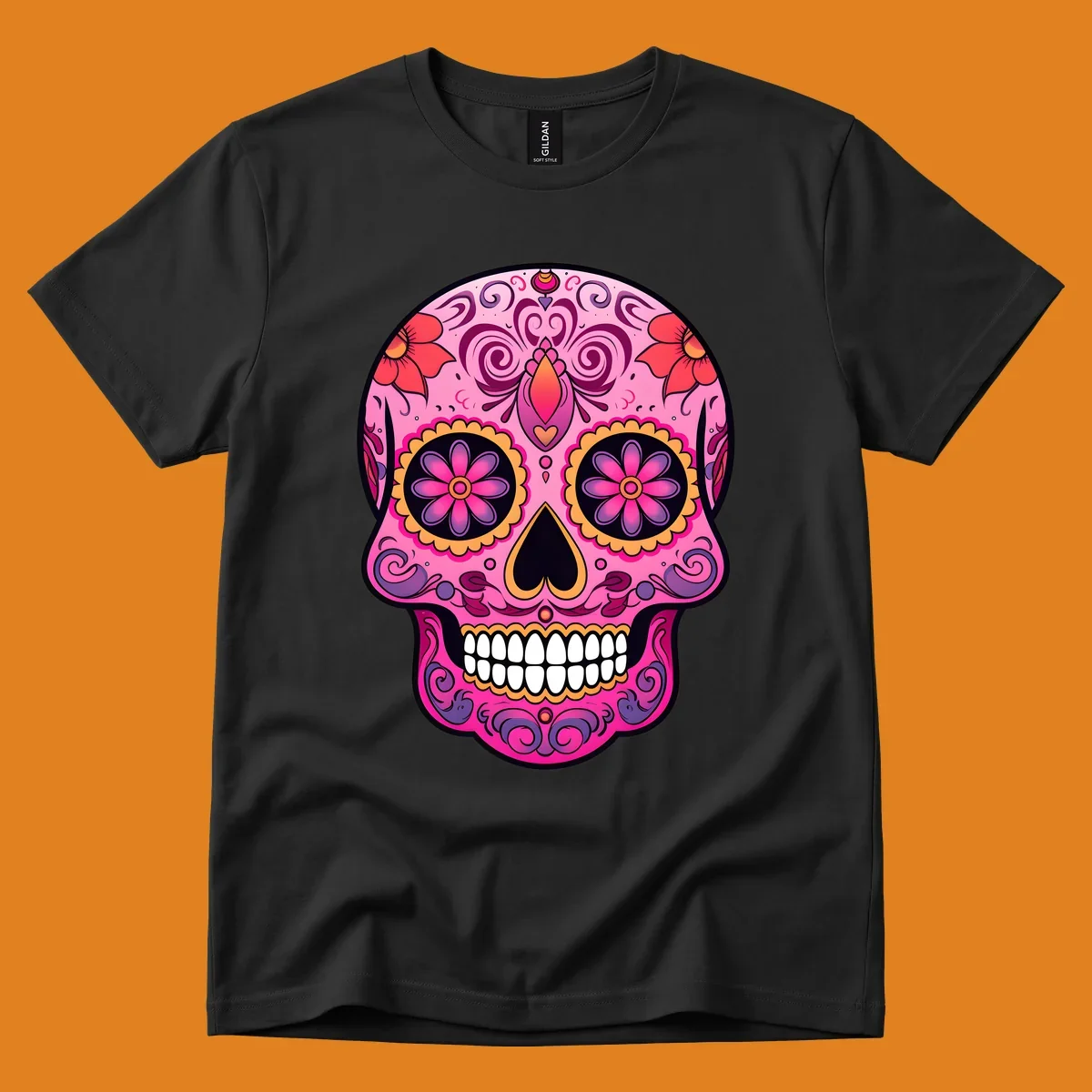 A vibrant pink and purple sugar skull, decorated with intricate floral patterns, swirls, and bright yellow and orange accents, featuring white teeth.
