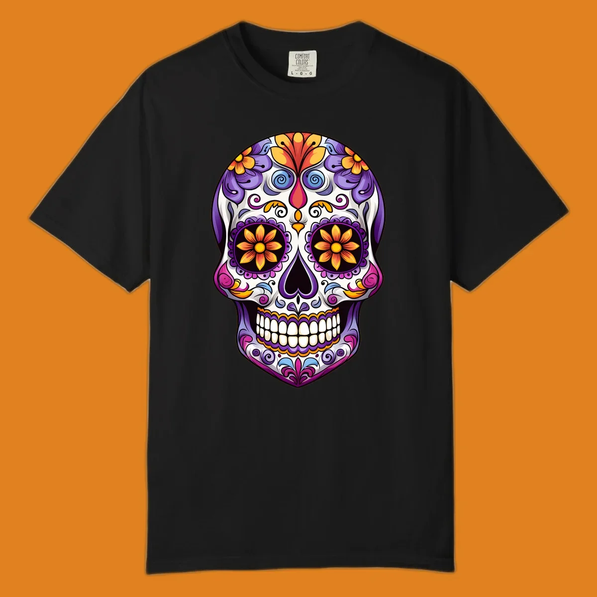 A vibrant floral sugar skull, or calavera, with purple, orange, yellow, and pink flowers and intricate scrollwork.