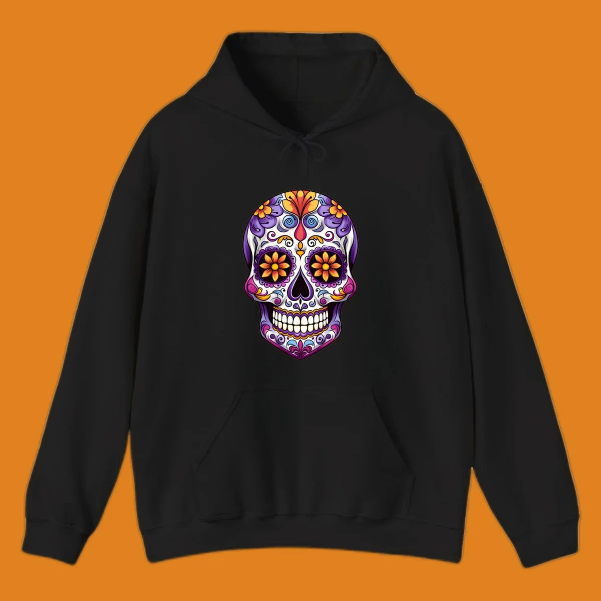 A vibrant floral sugar skull, or calavera, with purple, orange, yellow, and pink flowers and intricate scrollwork.