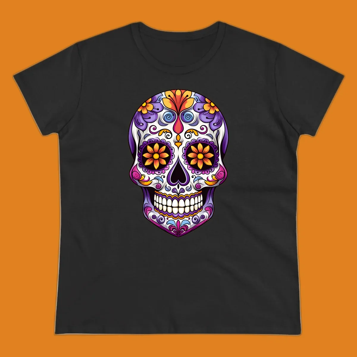 A vibrant floral sugar skull, or calavera, with purple, orange, yellow, and pink flowers and intricate scrollwork.
