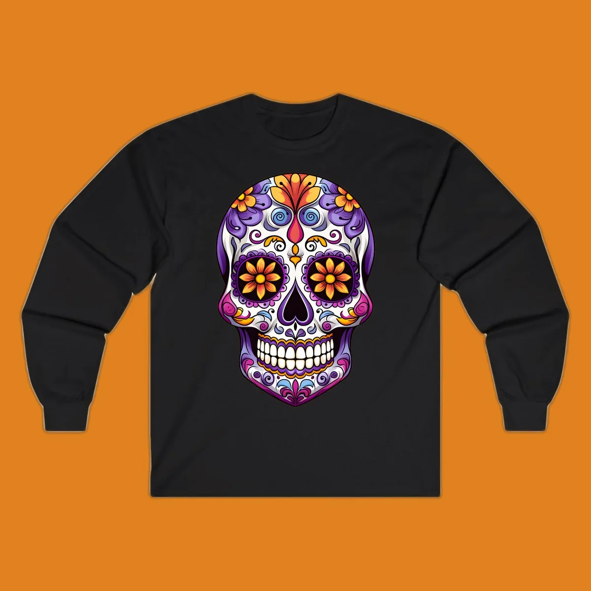A vibrant floral sugar skull, or calavera, with purple, orange, yellow, and pink flowers and intricate scrollwork.