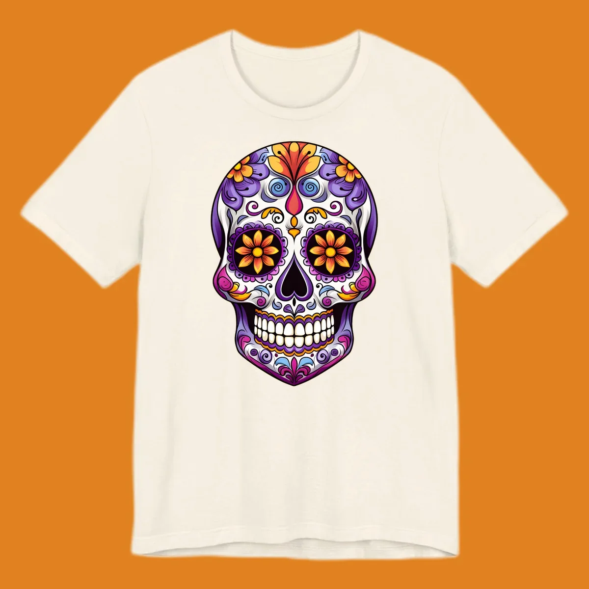 A vibrant floral sugar skull, or calavera, with purple, orange, yellow, and pink flowers and intricate scrollwork.
