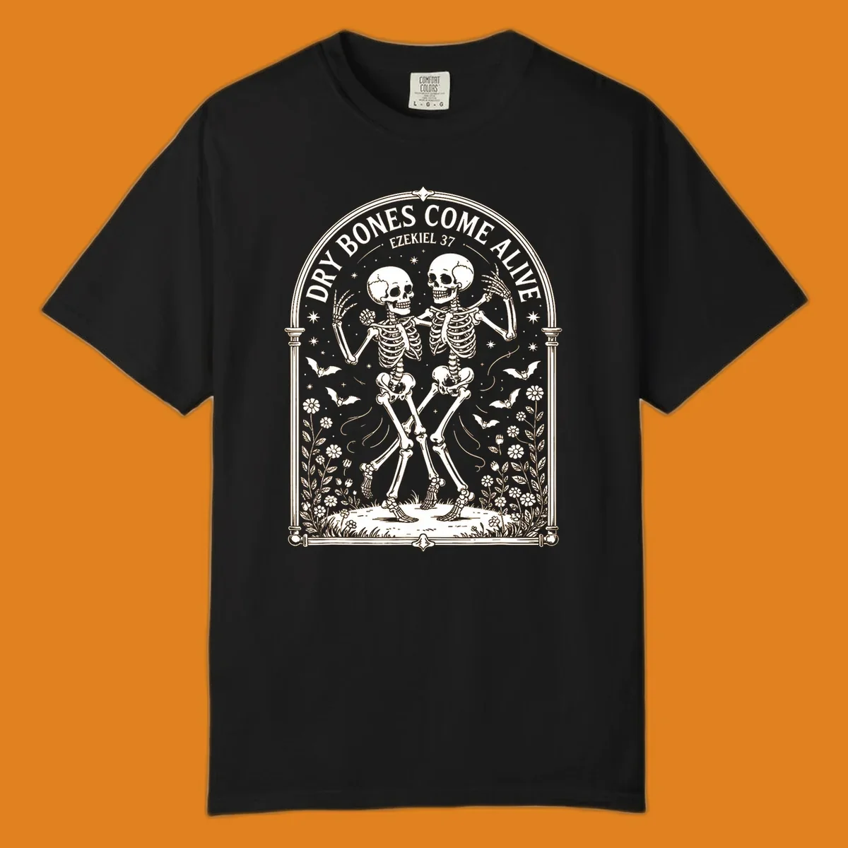Dry bones come alive resurrection dancing skeletons with bats and flowers.