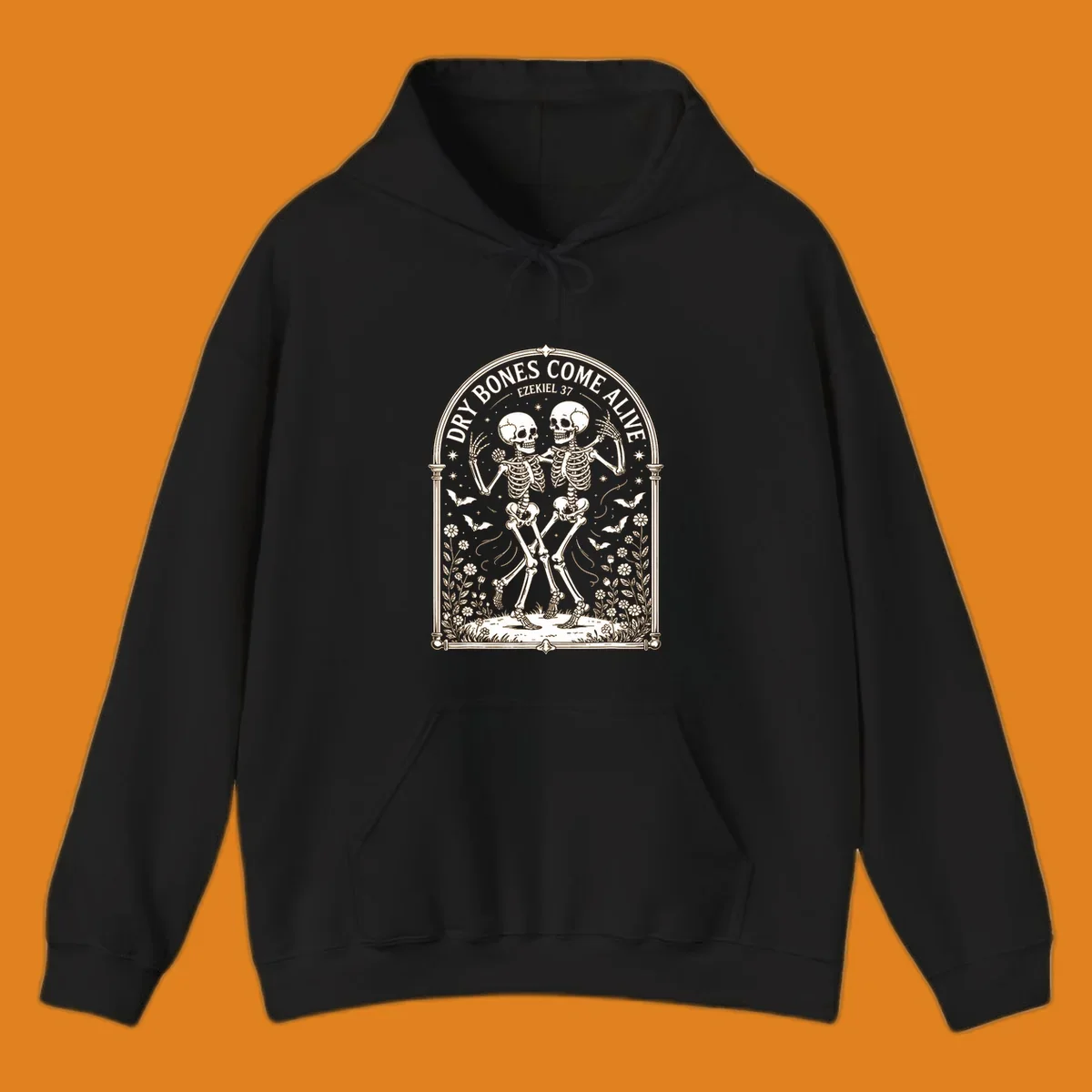 Dry bones come alive resurrection dancing skeletons with bats and flowers.