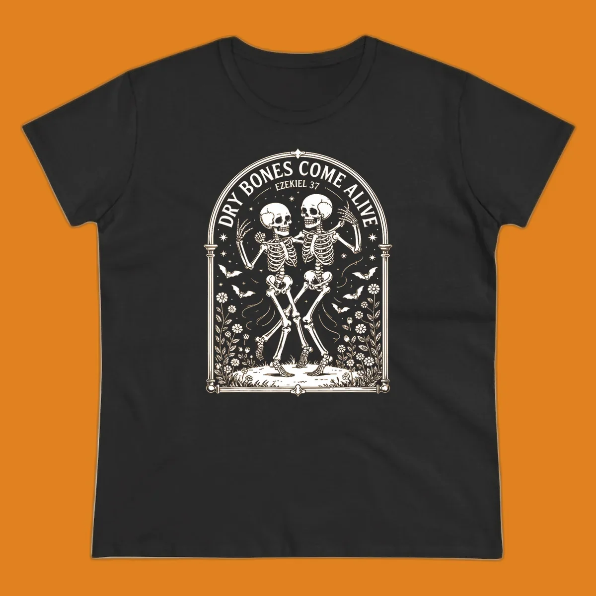 Dry bones come alive resurrection dancing skeletons with bats and flowers.