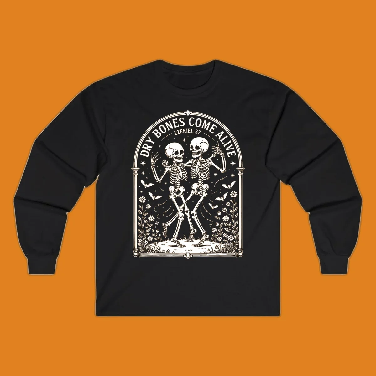 Dry bones come alive resurrection dancing skeletons with bats and flowers.