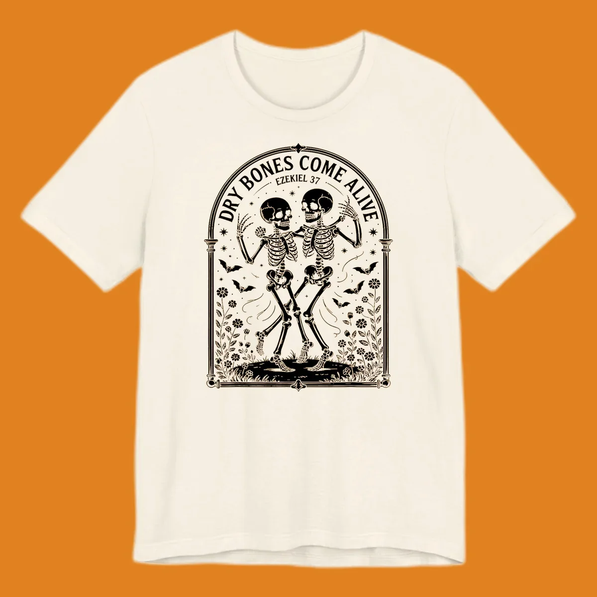 Dry bones come alive resurrection dancing skeletons with bats and flowers.
