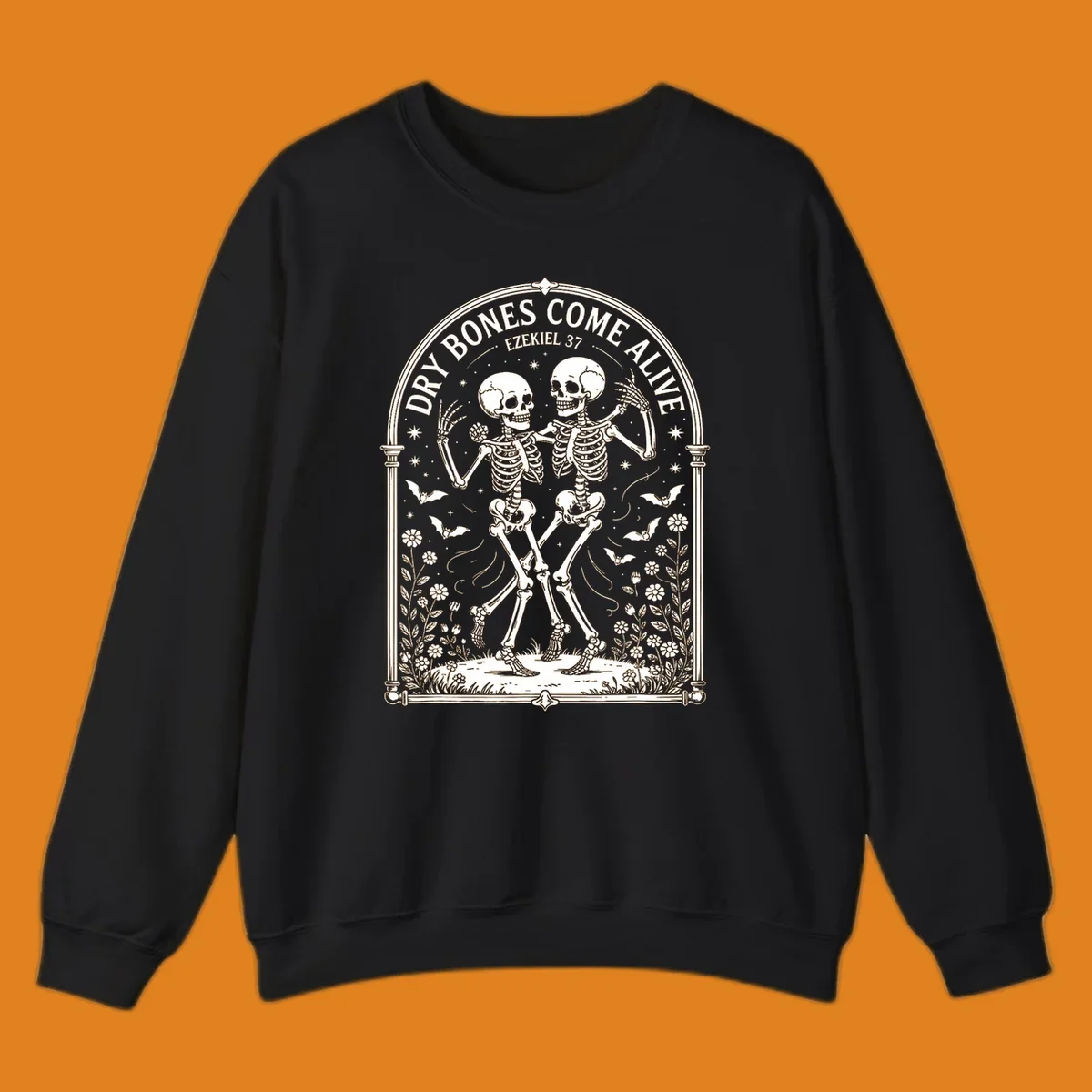 Dry bones come alive resurrection dancing skeletons with bats and flowers.