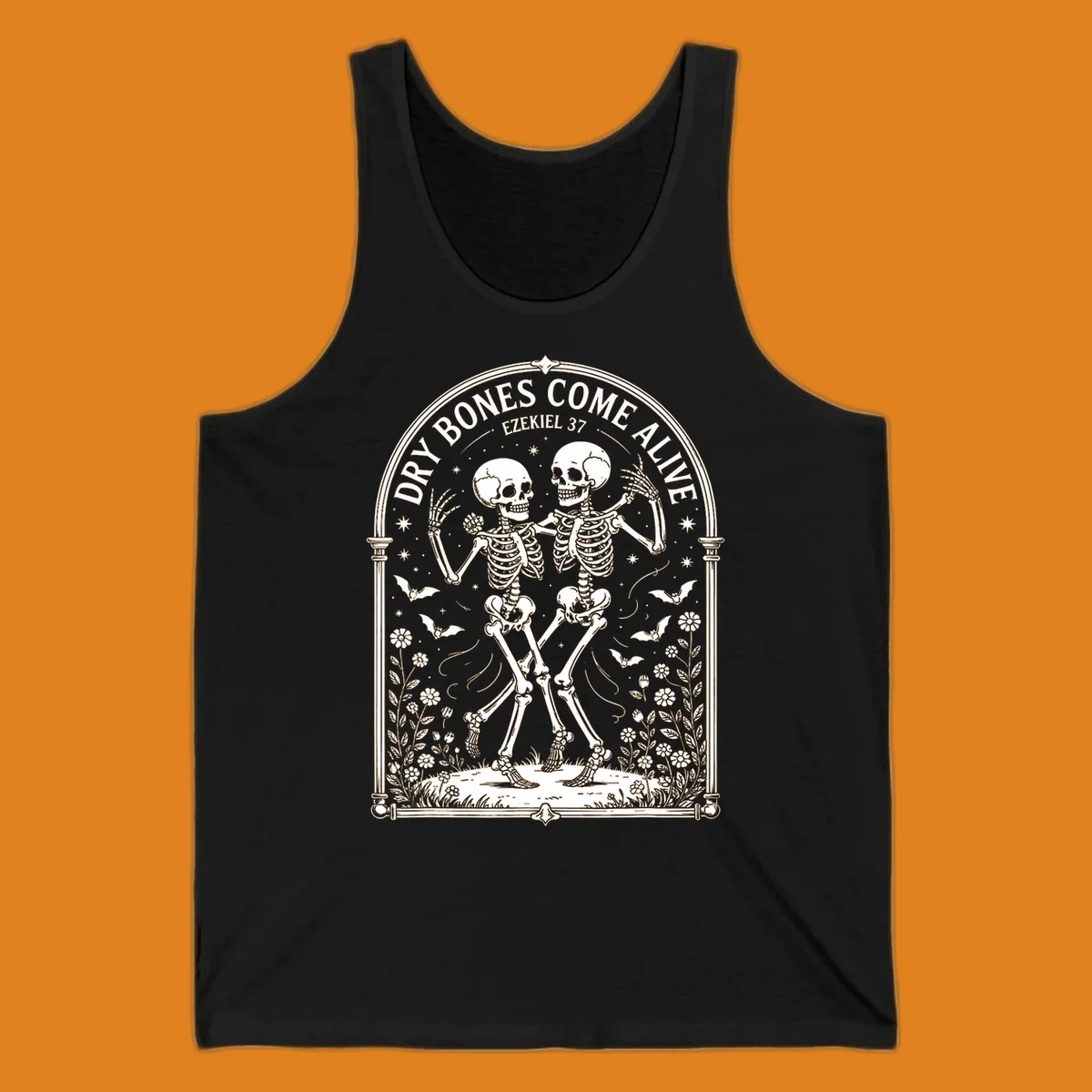 Dry bones come alive resurrection dancing skeletons with bats and flowers.