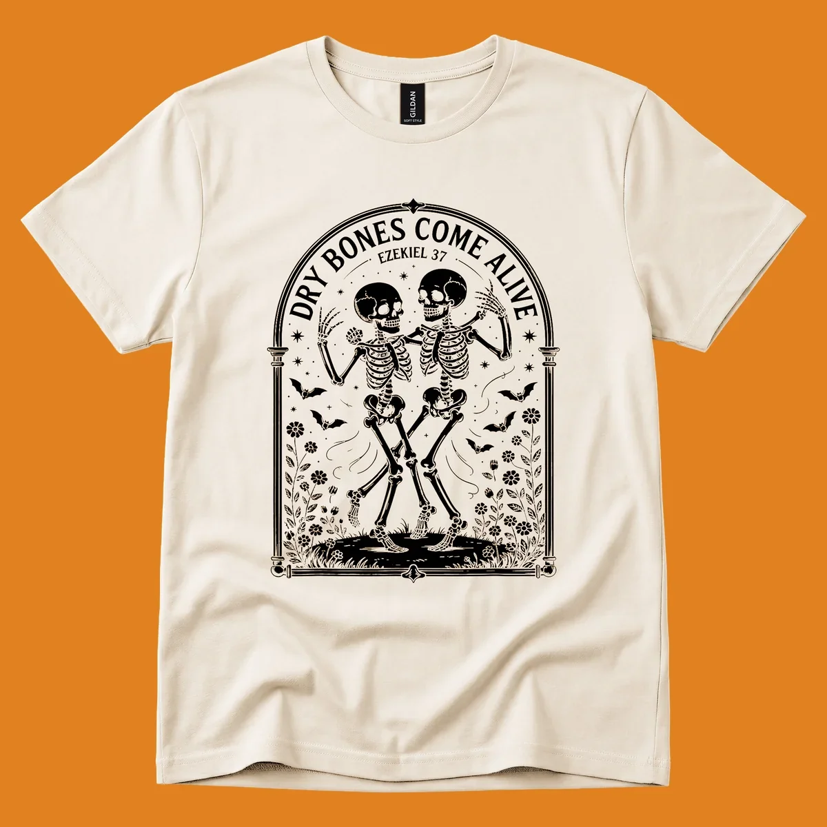 Dry bones come alive resurrection dancing skeletons with bats and flowers.