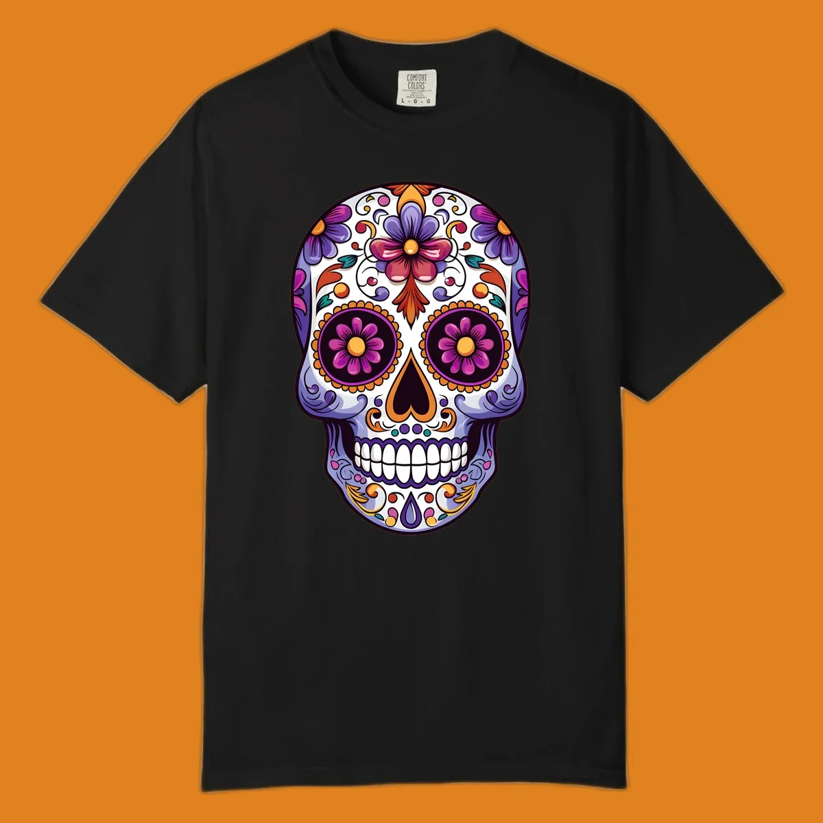 Vibrant floral calavera design with intricate purple, orange, and yellow flowers on a white sugar skull, celebrating Día de los Muertos.