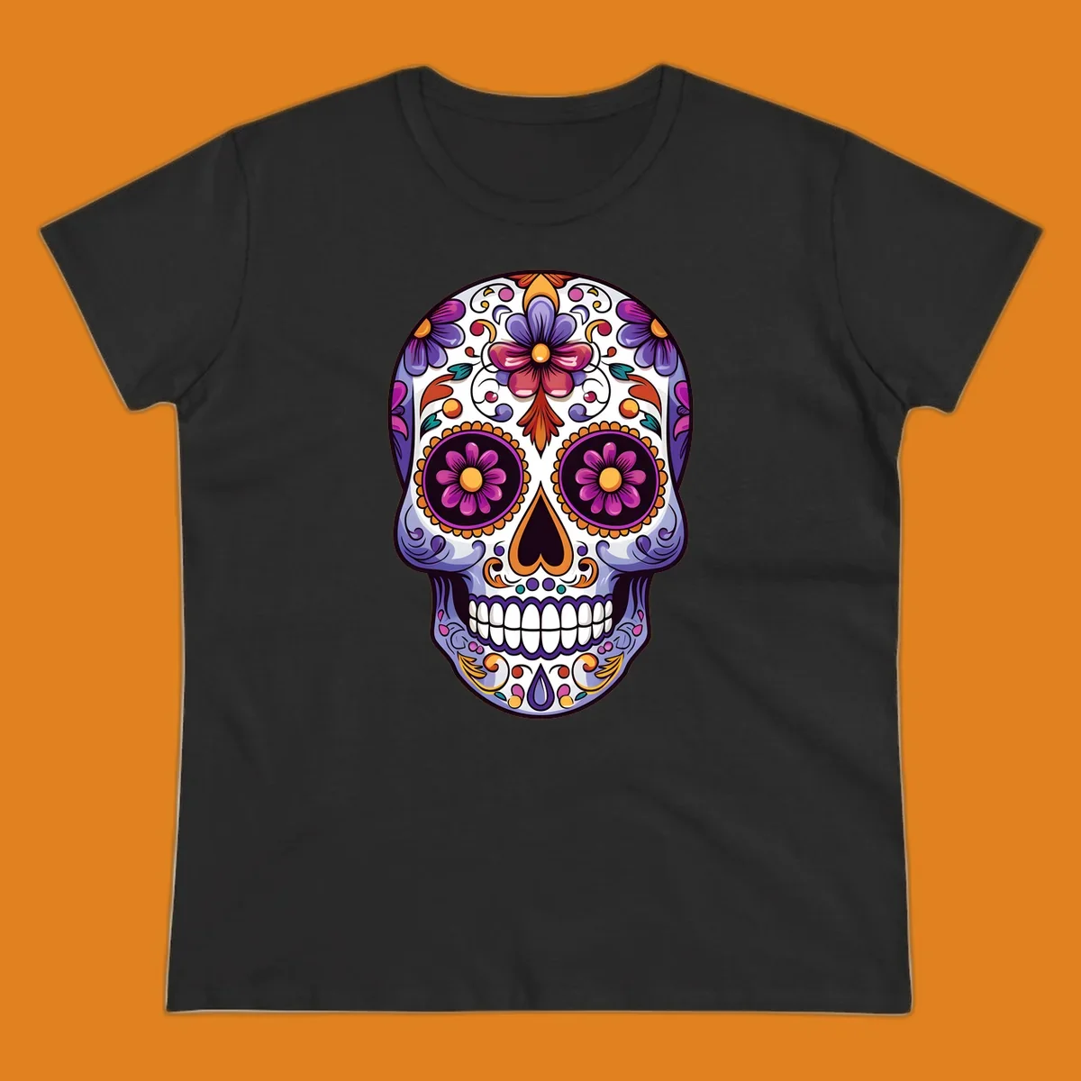 Vibrant floral calavera design with intricate purple, orange, and yellow flowers on a white sugar skull, celebrating Día de los Muertos.