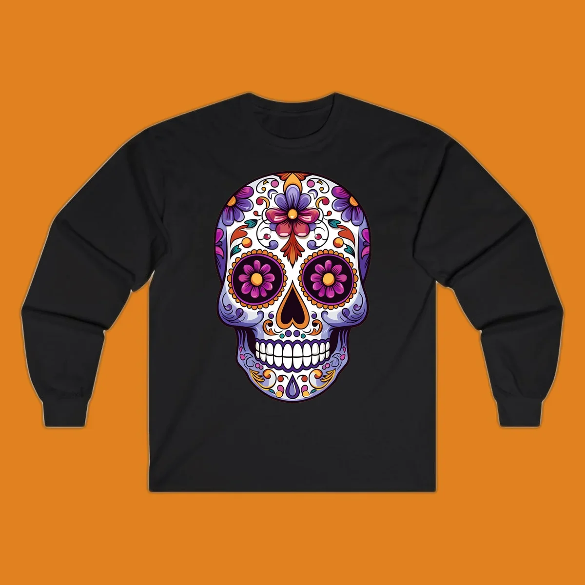 Vibrant floral calavera design with intricate purple, orange, and yellow flowers on a white sugar skull, celebrating Día de los Muertos.