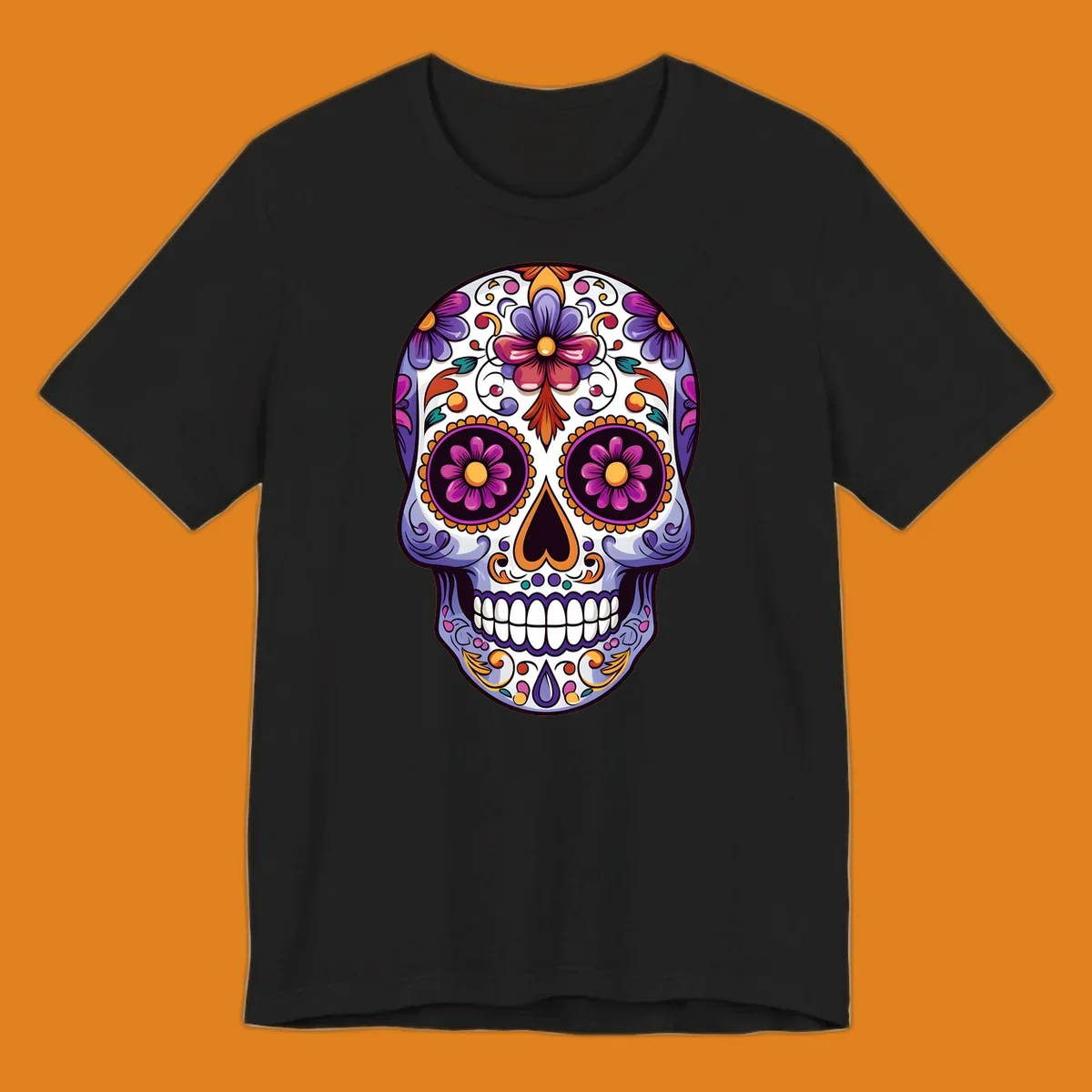 Vibrant floral calavera design with intricate purple, orange, and yellow flowers on a white sugar skull, celebrating Día de los Muertos.