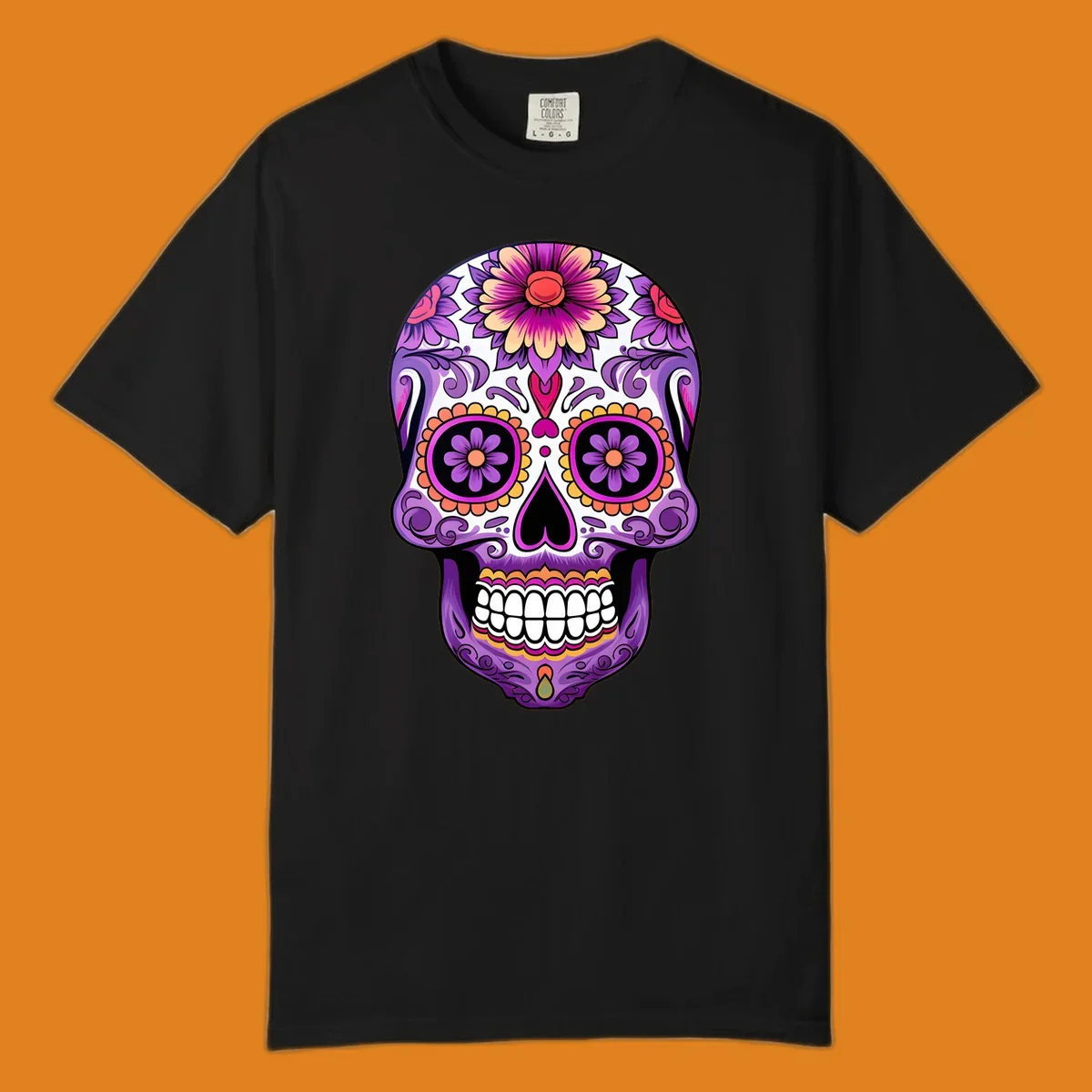 A vibrant floral calavera sugar skull illustration, featuring purple, pink, orange, and yellow flowers and patterns.
