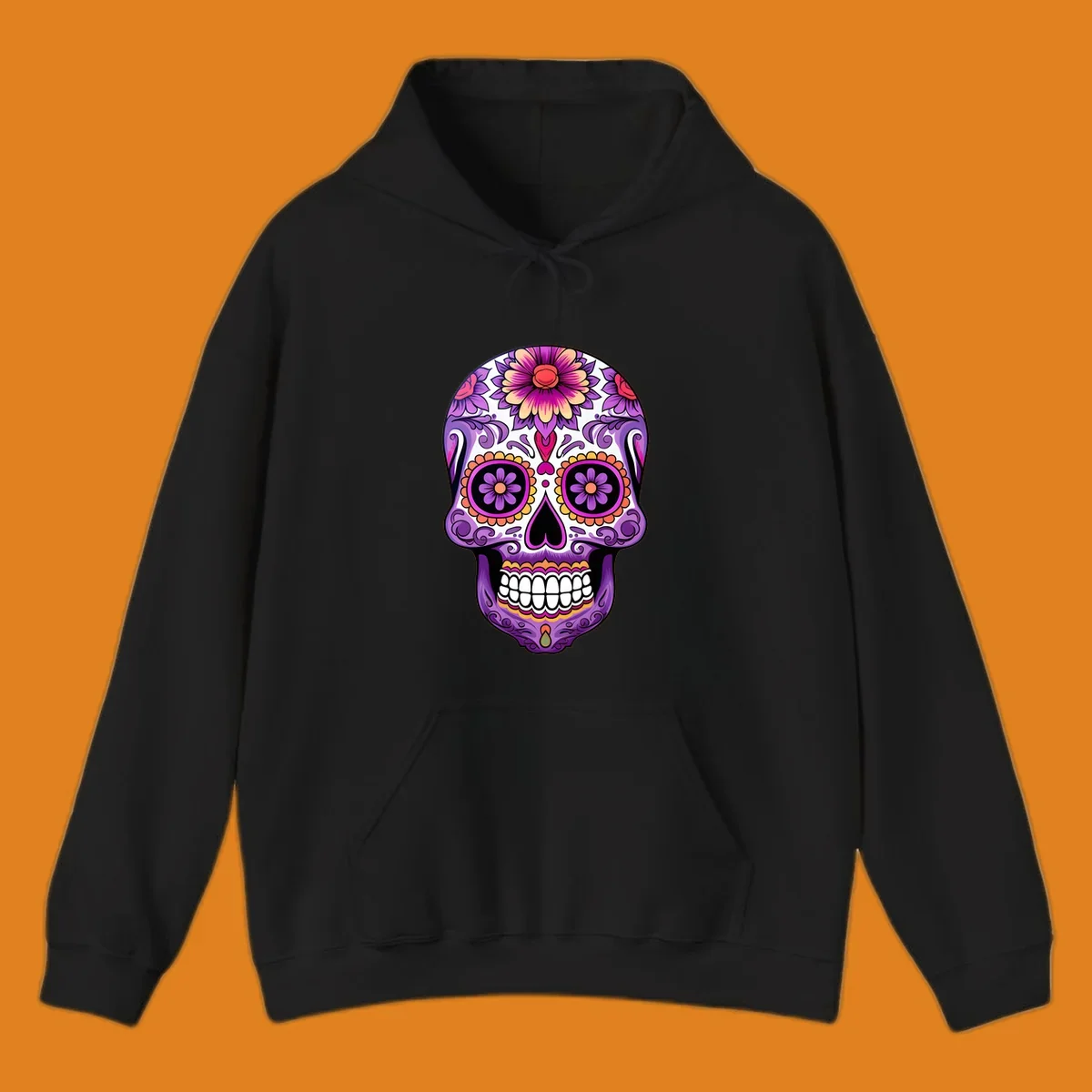 A vibrant floral calavera sugar skull illustration, featuring purple, pink, orange, and yellow flowers and patterns.