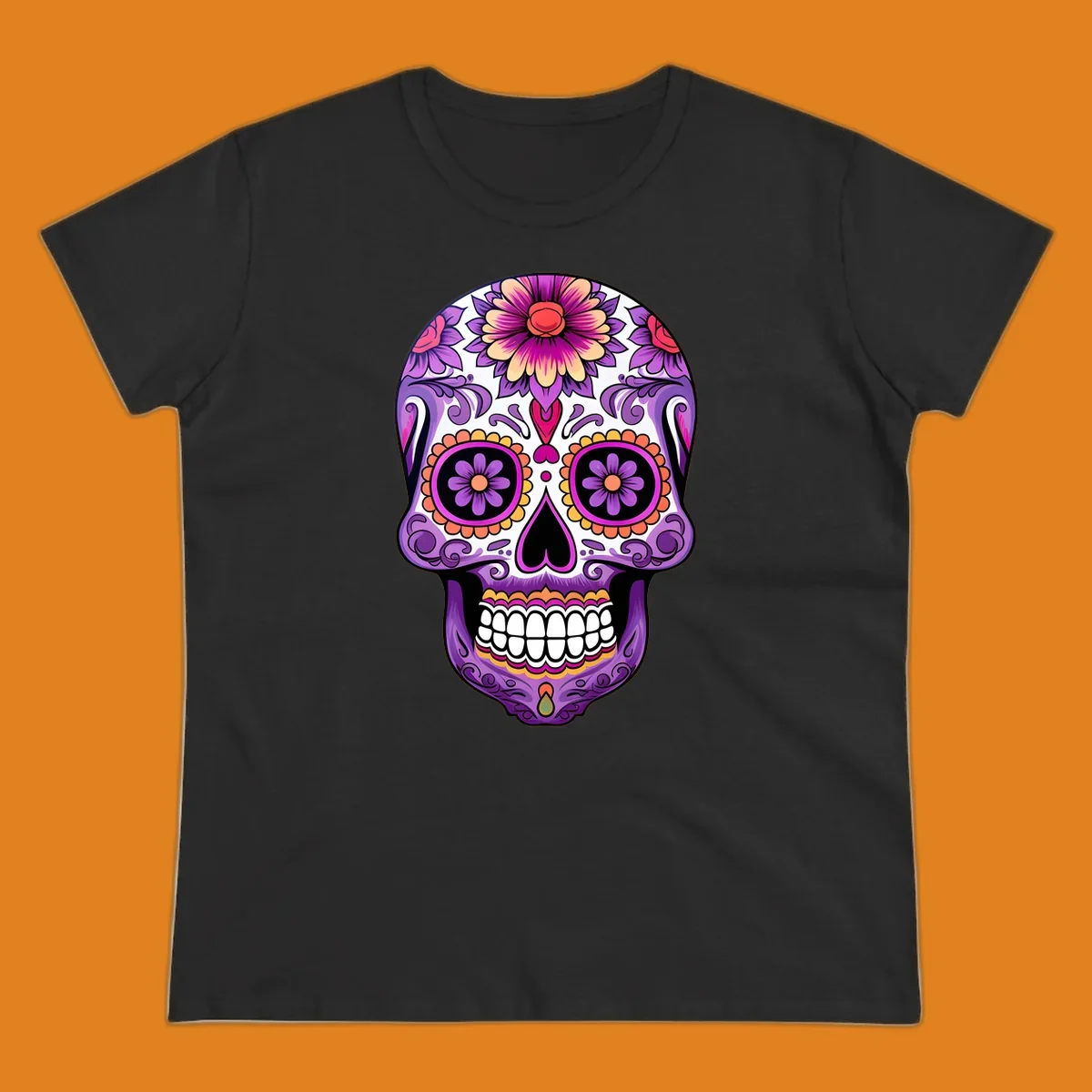 A vibrant floral calavera sugar skull illustration, featuring purple, pink, orange, and yellow flowers and patterns.