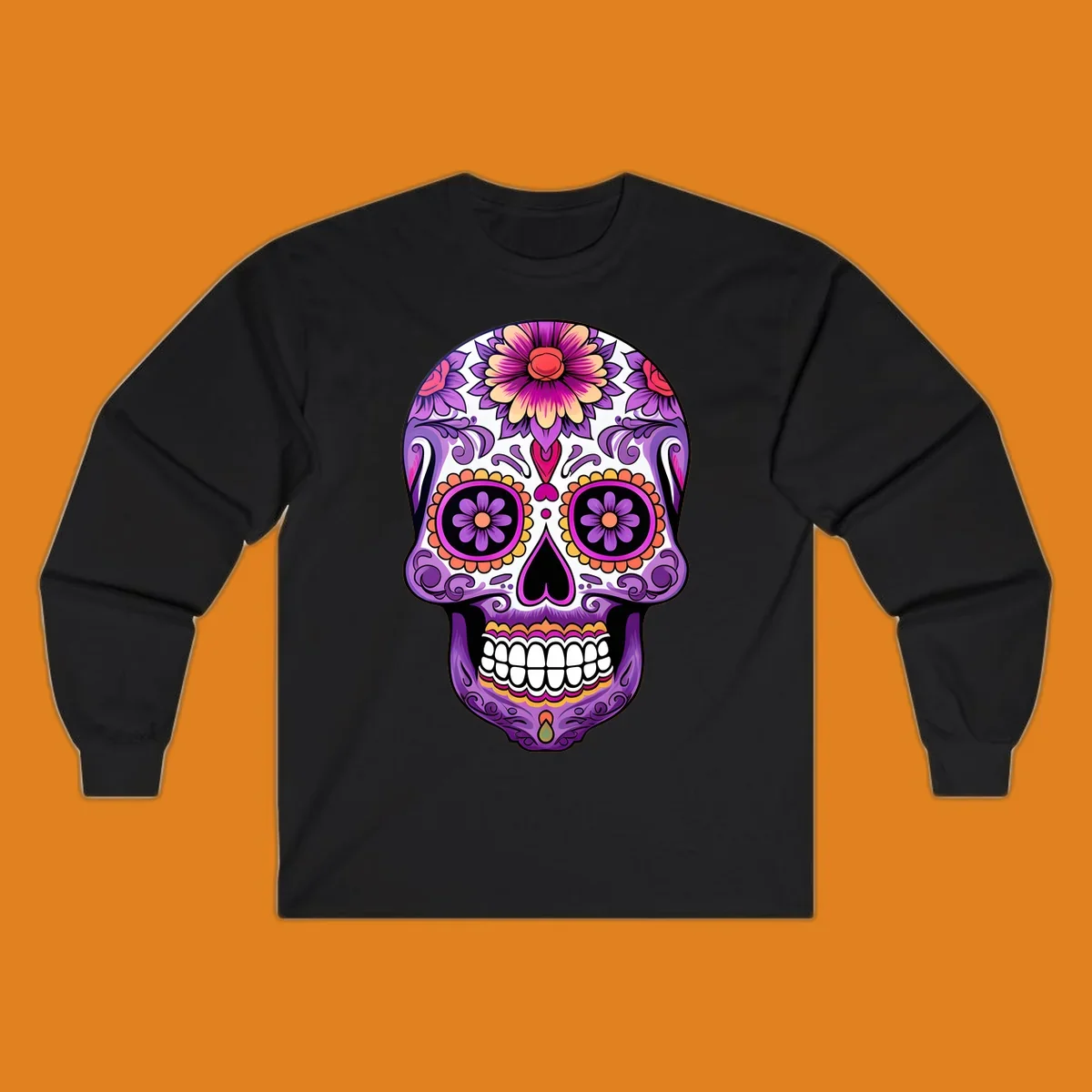 A vibrant floral calavera sugar skull illustration, featuring purple, pink, orange, and yellow flowers and patterns.