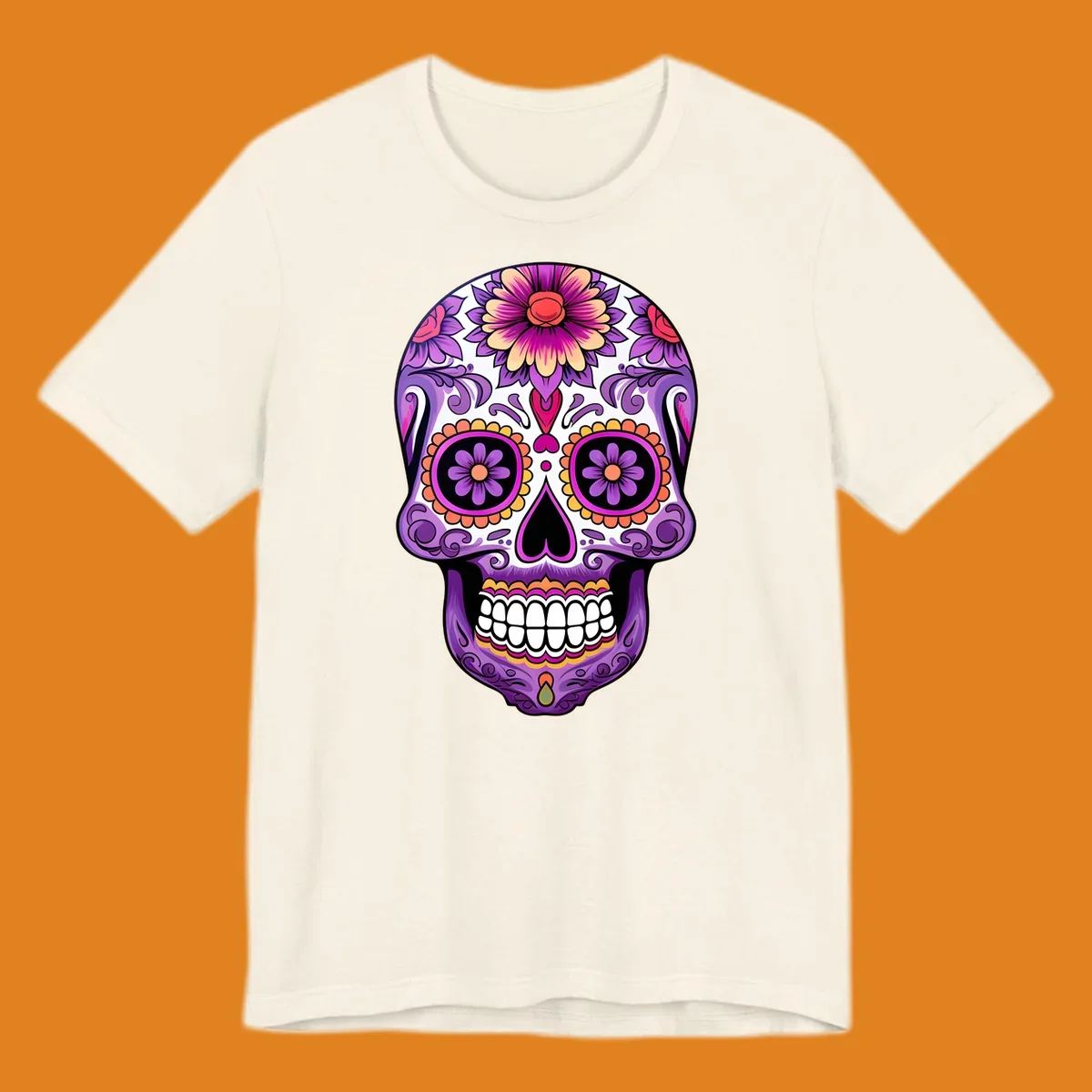 A vibrant floral calavera sugar skull illustration, featuring purple, pink, orange, and yellow flowers and patterns.