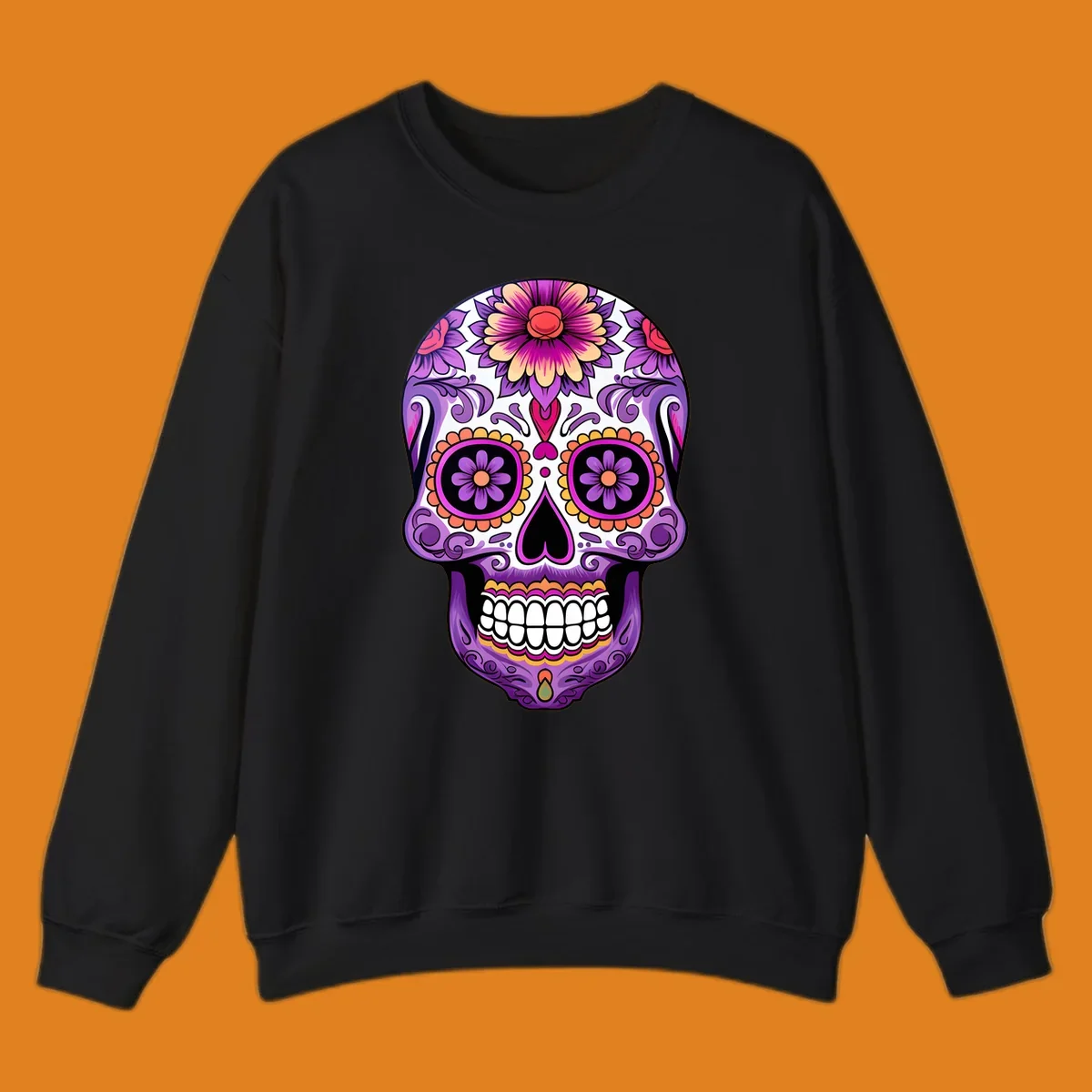 A vibrant floral calavera sugar skull illustration, featuring purple, pink, orange, and yellow flowers and patterns.