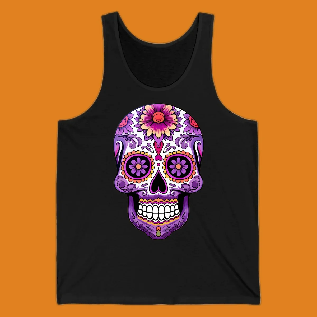 A vibrant floral calavera sugar skull illustration, featuring purple, pink, orange, and yellow flowers and patterns.