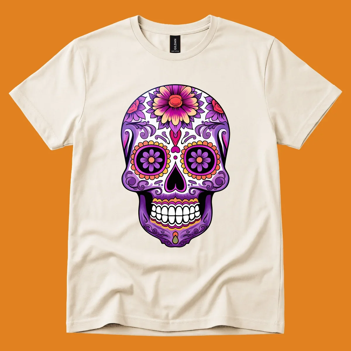 A vibrant floral calavera sugar skull illustration, featuring purple, pink, orange, and yellow flowers and patterns.