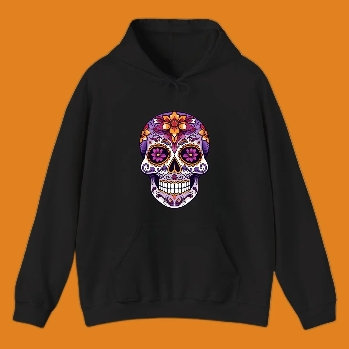 A vibrant floral calavera sugar skull illustration with purple, pink, orange, and yellow flowers and ornate scrollwork.