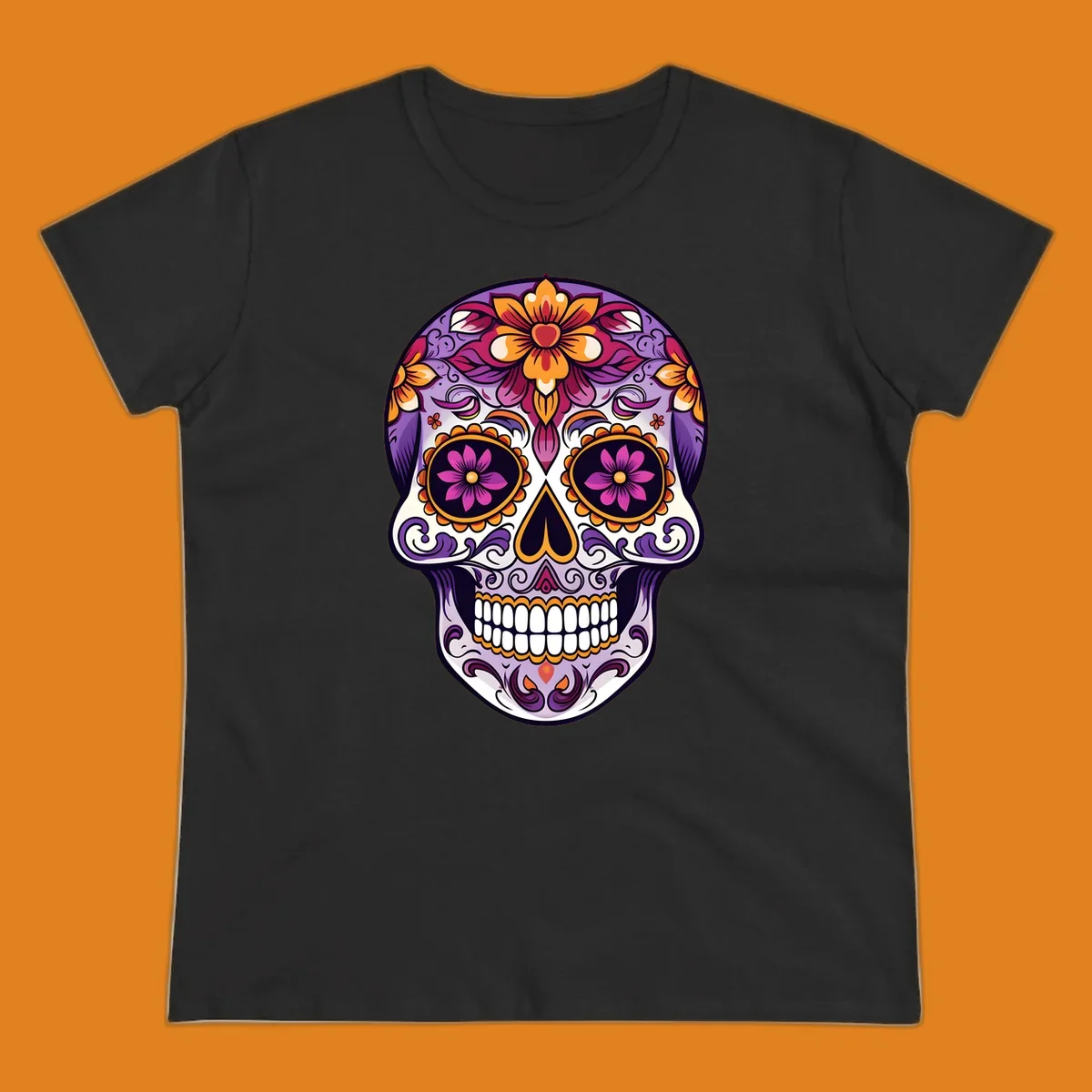 A vibrant floral calavera sugar skull illustration with purple, pink, orange, and yellow flowers and ornate scrollwork.