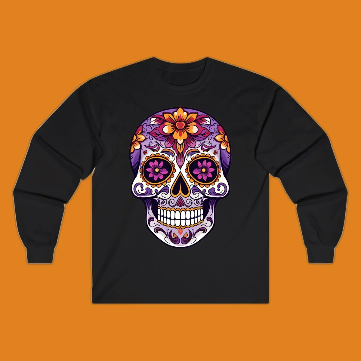 A vibrant floral calavera sugar skull illustration with purple, pink, orange, and yellow flowers and ornate scrollwork.