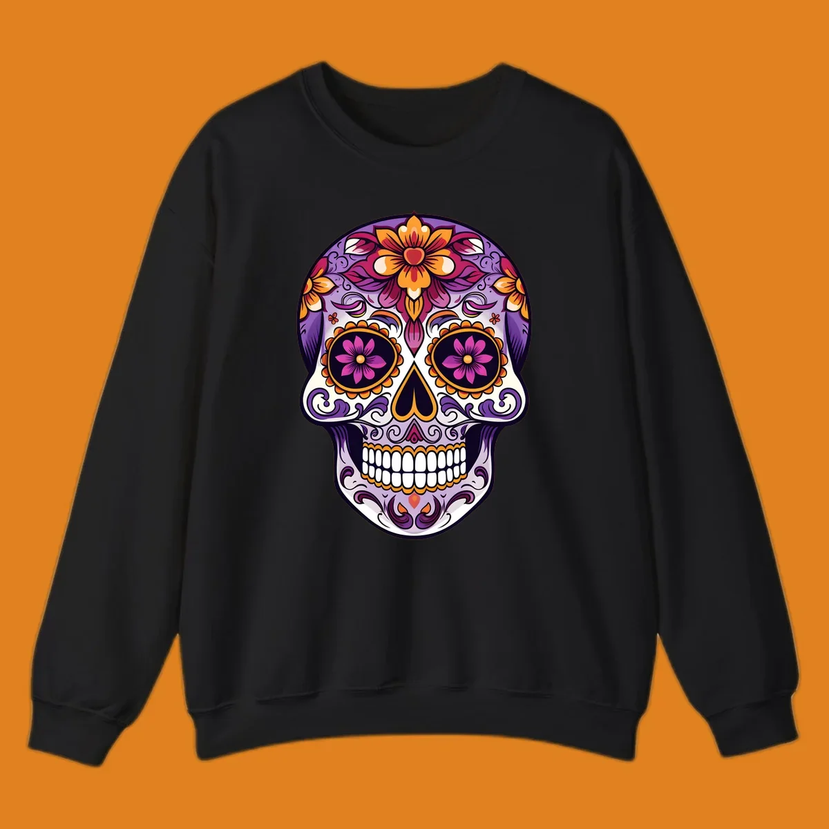 A vibrant floral calavera sugar skull illustration with purple, pink, orange, and yellow flowers and ornate scrollwork.