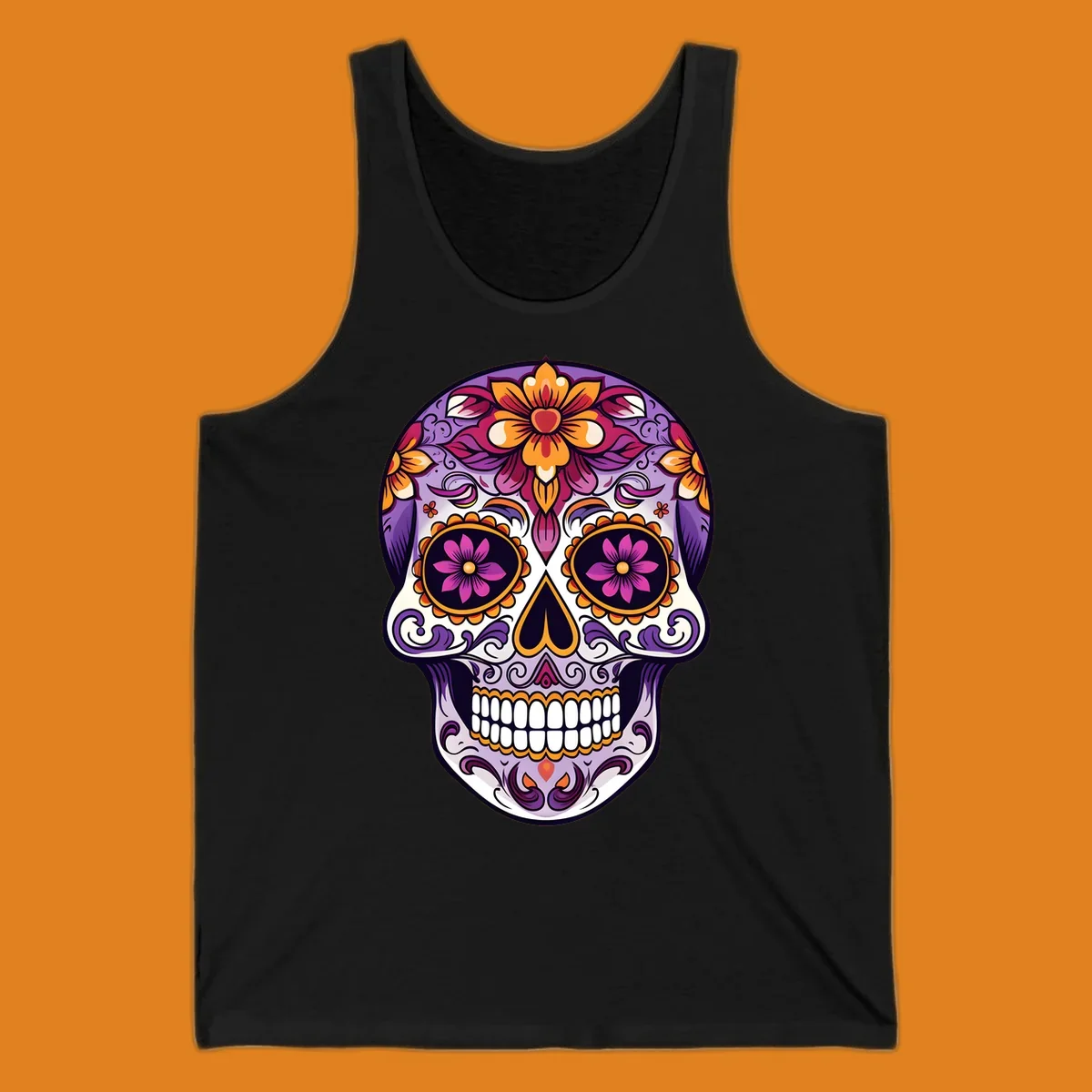A vibrant floral calavera sugar skull illustration with purple, pink, orange, and yellow flowers and ornate scrollwork.