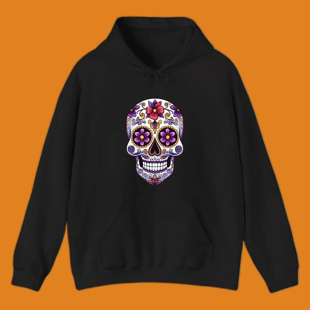 A vibrant floral calavera sugar skull illustration with purple, red, and gold flowers and swirling patterns.