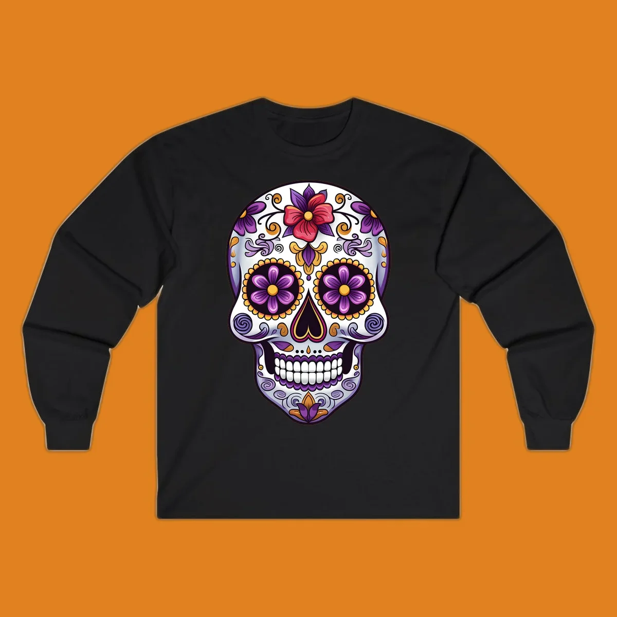 A vibrant floral calavera sugar skull illustration with purple, red, and gold flowers and swirling patterns.