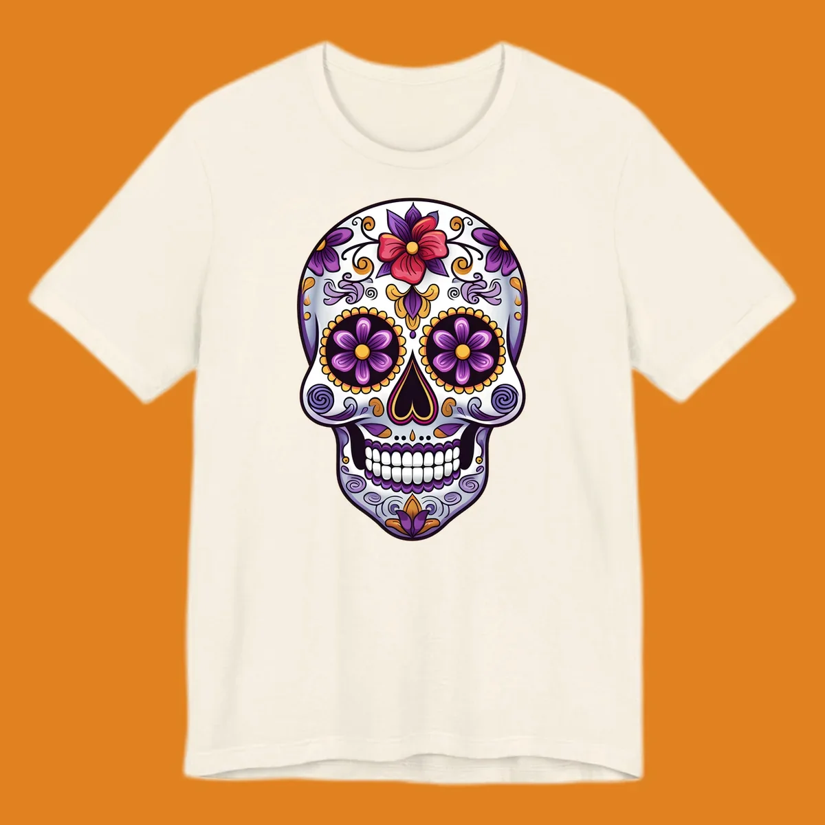 A vibrant floral calavera sugar skull illustration with purple, red, and gold flowers and swirling patterns.