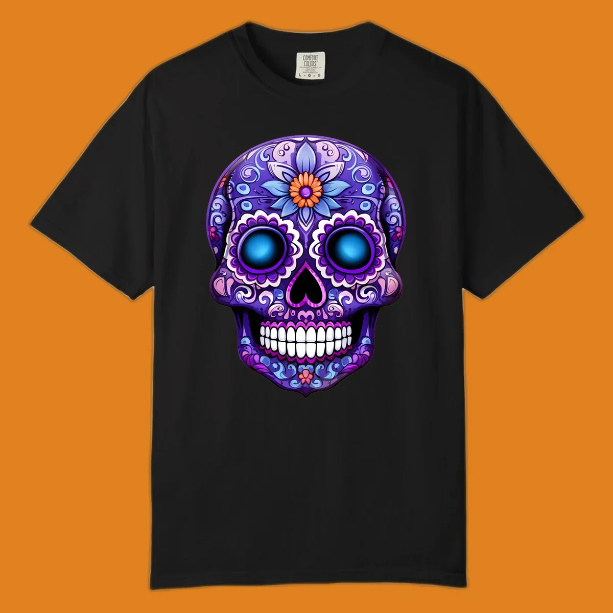 A vibrant purple calavera skull illustration with intricate blue and pink floral patterns and bright glowing blue eyes.