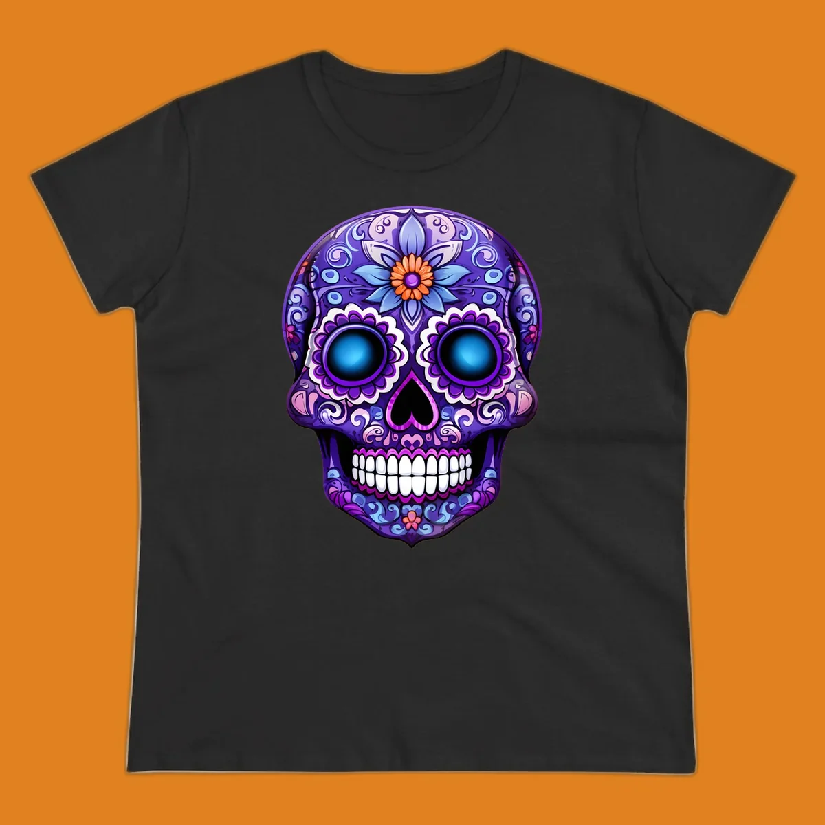 A vibrant purple calavera skull illustration with intricate blue and pink floral patterns and bright glowing blue eyes.